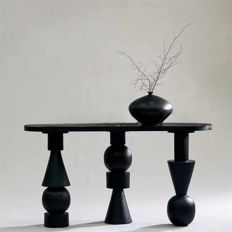 Vintage Solid Wood Sculptural Black Console Table, Modern Designer Entryway Table, Minimalist Artistic Foyer Sofa Back Accent
