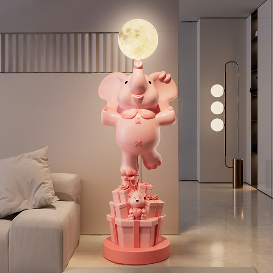 Cream Style Elephant Floor Decor with Moon Lamp, Bluetooth Speaker, and Piggy Bank, Cute Living Room Accent for TV Stand, Sofa Side, or Housewarming Gift
