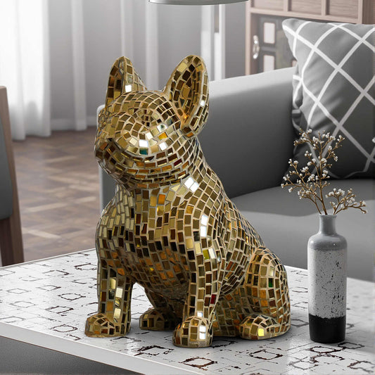 Premium Champagne Gold Mirrored French Bulldog Sculpture – Handcrafted Mosaic Art with Reflective Tile Finish, Designer Home Statement Piece