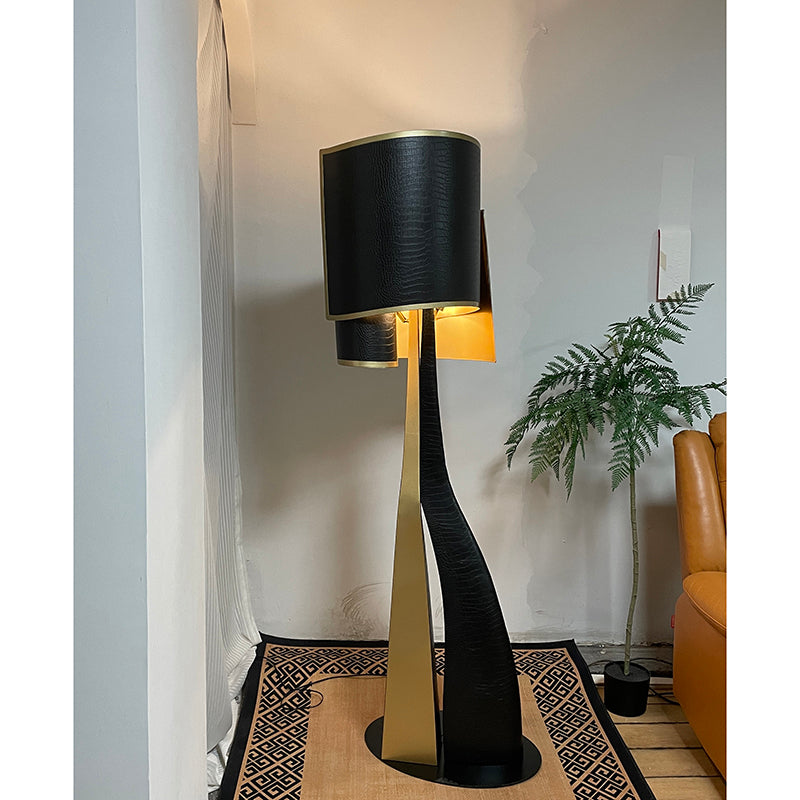 Postmodern Black Leather Floor Lamp, Custom Designer Art Deco Standing Light, Minimalist Retro Handmade Statement for Living Room or Study