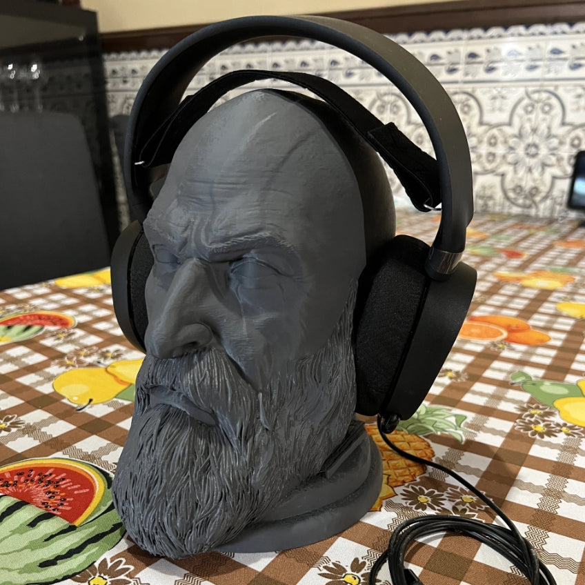 Kratos God of War Headphone Stand, 3D Printed Gaming Bust Headset Holder with Detailed Facial Features, Desktop Gaming Accessory, 25cm Height