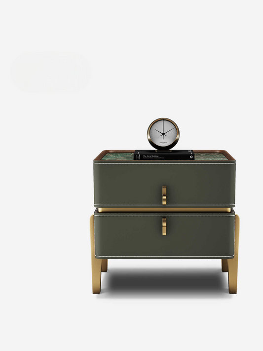 Modern Luxury Saddle Leather Solid Wood Nightstand – Double Drawer Minimalist Bedside Table with Sintered Stone Top