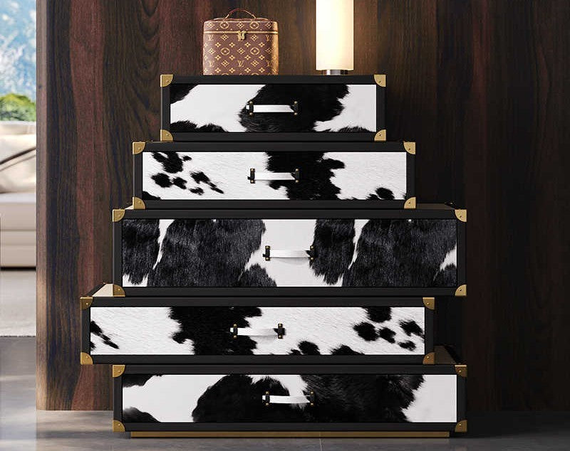 Italian Luxury Cowhide Chest of Drawers with Brass Corners, Modern Designer 5-Drawer Storage Cabinet for Entryway