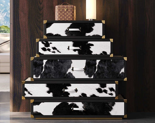 Italian Luxury Cowhide Chest of Drawers with Brass Corners, Modern Designer 5-Drawer Storage Cabinet for Entryway