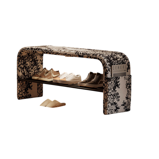 Narrow Entryway Shoe Bench with Printed Velvet Seat, 31.5-Inch Upholstered Hallway Bench with Metal Shoe Rack, Side Storage Pocket and Motion Sensor Light for Foyer, Bedroom or Closet