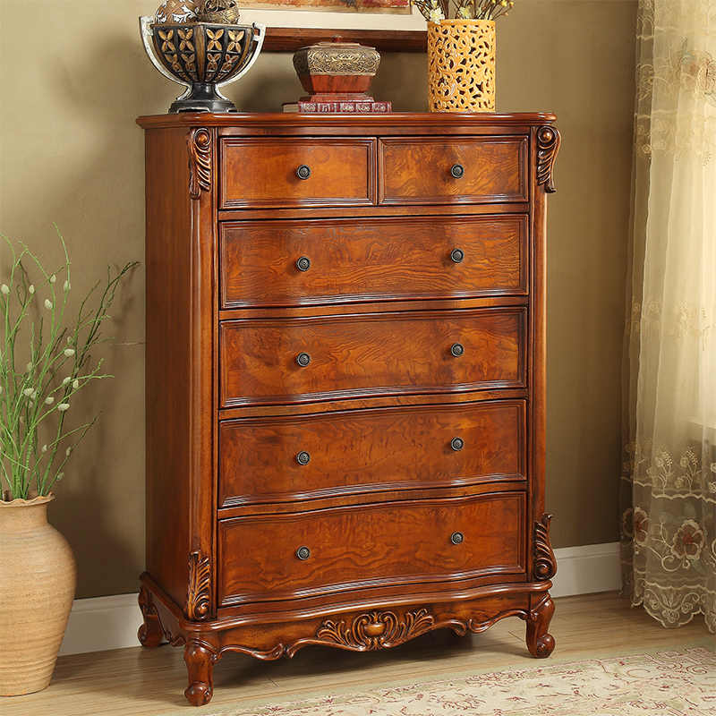 European Traditional Six-Drawer Tall Chest – Solid Wood American Country Style Dresser with Ornate Carved Details, Classic Bedroom Storage Furniture