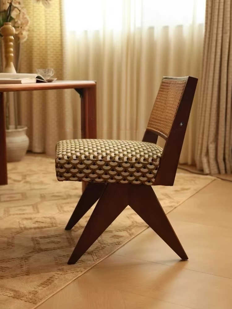 Mid-Century Rattan Back Solid Wood Accent Chair – Vintage Designer Single Dining & Study Chair for Home & Living Room