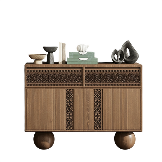 Walnut Solid Wood Sideboard, Carved 2-Door 2-Drawer Storage Cabinet