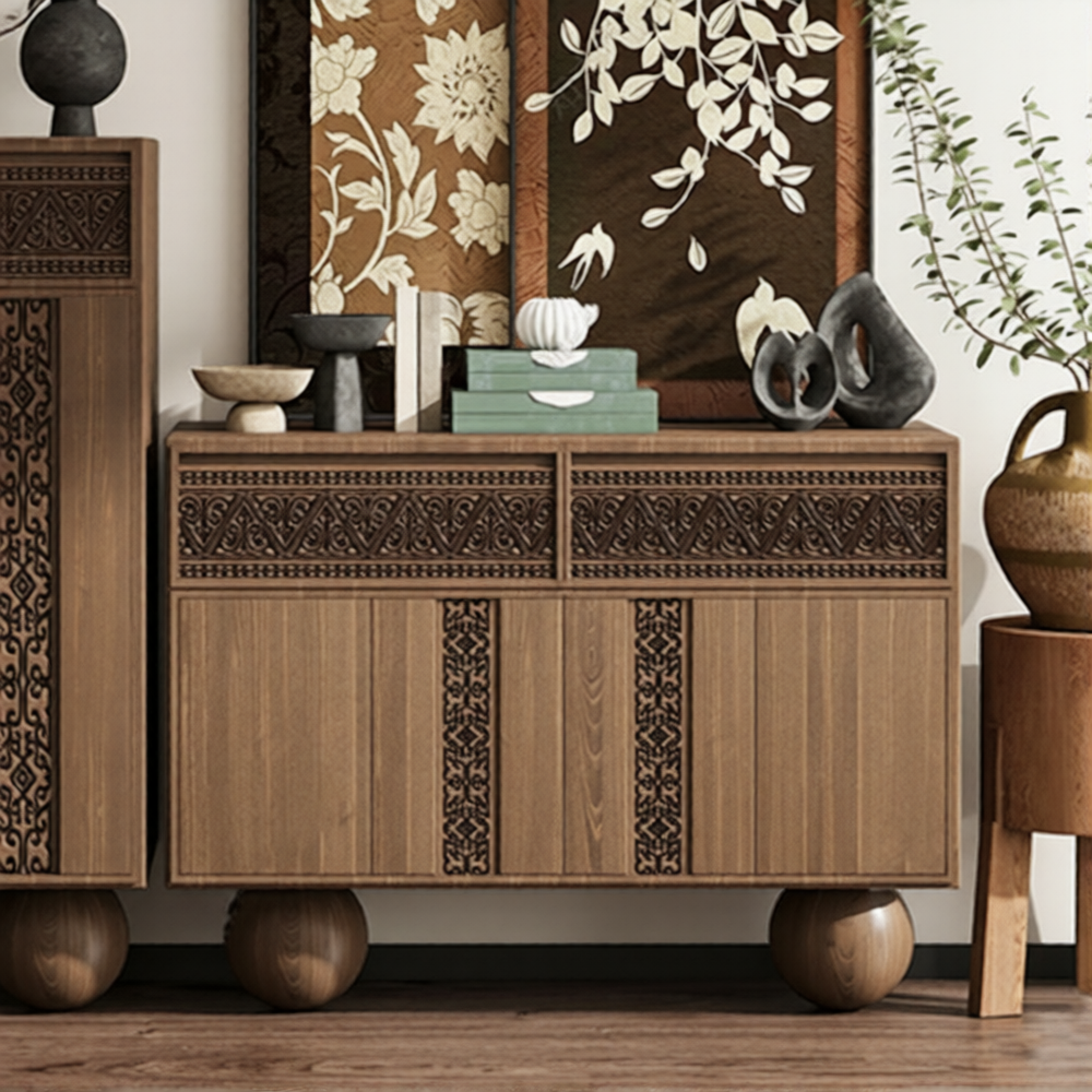 Walnut Solid Wood Sideboard, Carved 2-Door 2-Drawer Storage Cabinet
