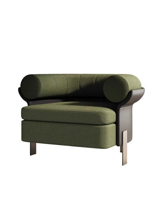 Modern Green Boucle Lounge Chair, Designer Single Armchair with Napa Leather Accent, Contemporary Minimalist Sofa for Living Room, Reception, Hotel Suite