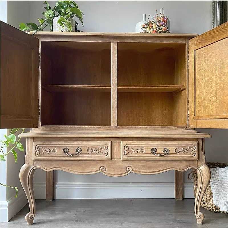 French Provincial Hand-Carved Hutch Cabinet with Curved Legs, Solid Wood Two-Door China Cabinet with Display Shelving, Custom Country Style Furniture