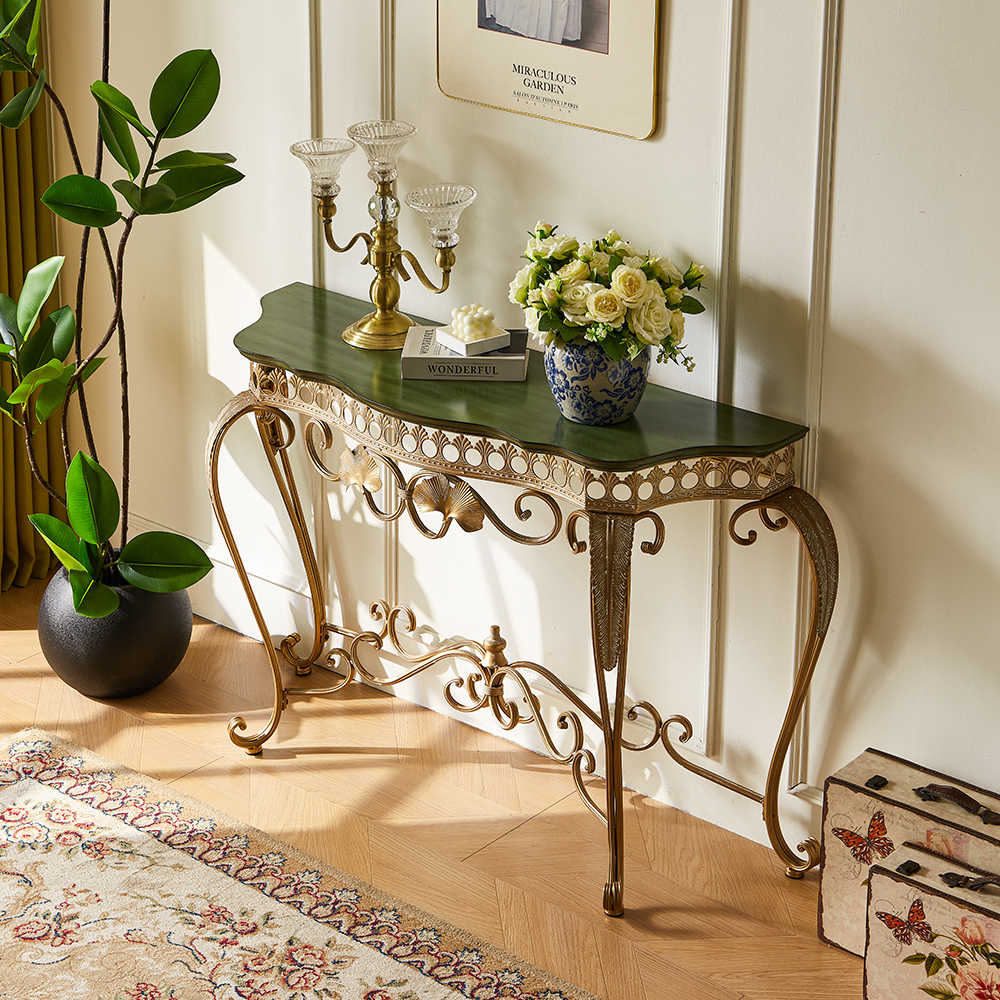 Vintage Country Console Table – Ornate Gold Metal Entryway Hall Table with Curved Legs and Art Deco Storage