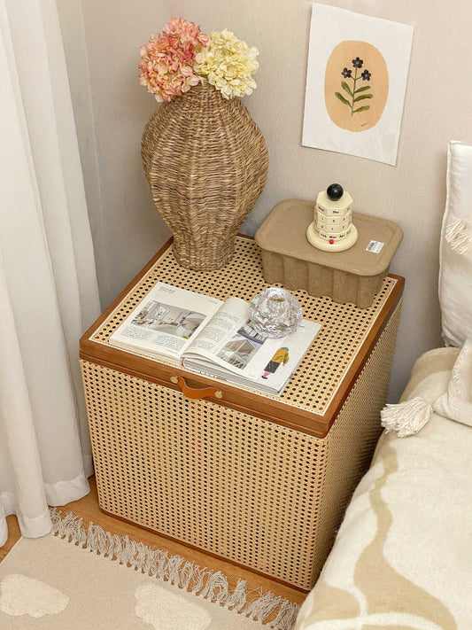 Vintage Rattan Storage Box with Lid – Large Cherry Finish Woven Organizer Basket, Bedroom Laundry Hamper & Bedside Cabinet