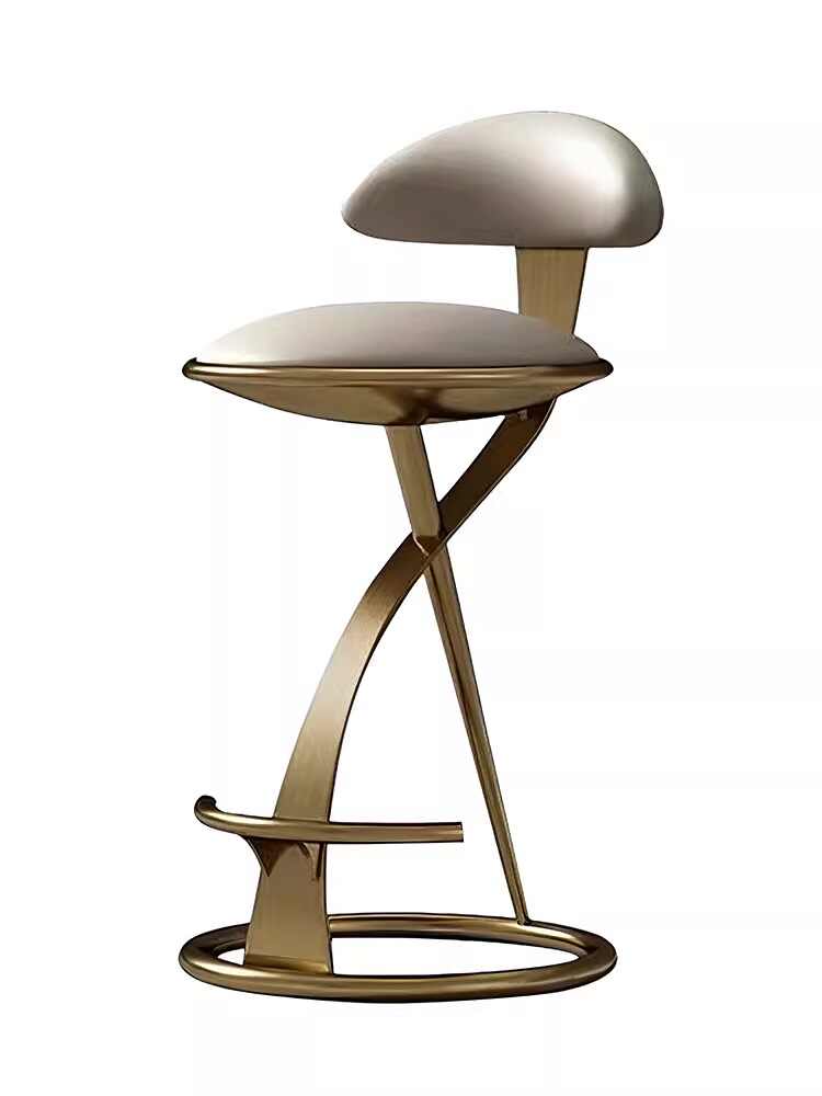 Modern Minimalist Genuine Leather Luxury Bar Stool, Designer Stainless Steel High Stool, Brushed Titanium Gold Finish