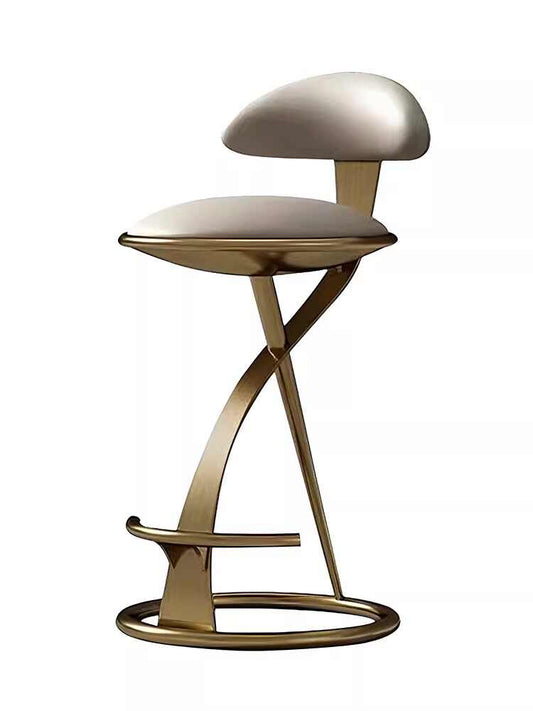 Modern Minimalist Genuine Leather Luxury Bar Stool, Designer Stainless Steel High Stool, Brushed Titanium Gold Finish