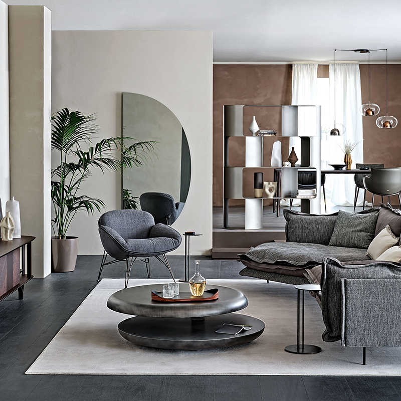 Italian Luxury Double-Layer Rotating Coffee Table, Stainless Steel Round Table with Swivel Design, Modern Minimalist Living Room Furniture in Bronze Finish