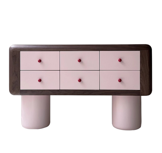 Pink Lacquer Artistic Console Cabinet, Modern Minimalist Entryway Sideboard, 6-Drawer Storage Dresser