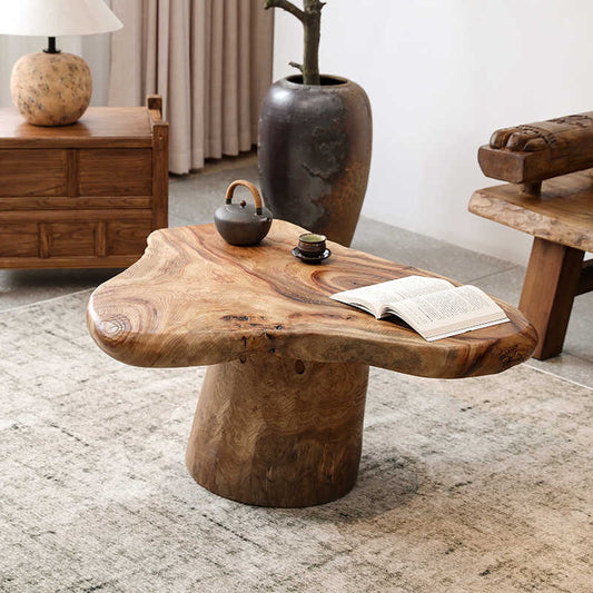 Wabi-Sabi Live Edge Wood Coffee Table – Natural Solid Wood Stump Table with Organic Form, Japanese Minimalist Living Room Furniture