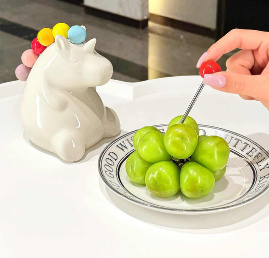 Unicorn Ceramic Fruit Fork Holder with Colorful Rainbow Mane, Stainless Steel Pick Set with Child-Safe Storage Container, Whimsical Kitchen Accessories