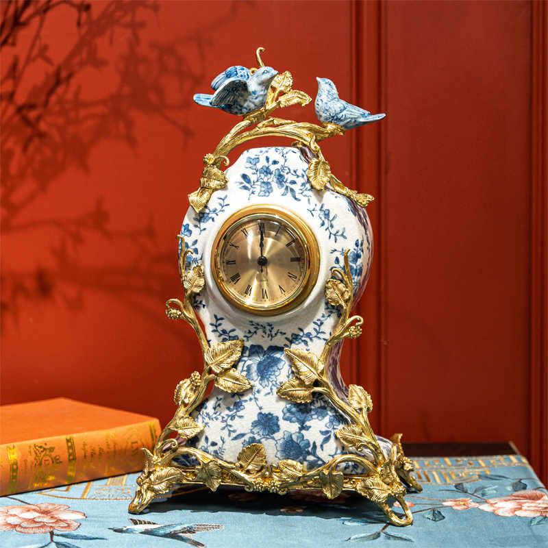 Blue and White Porcelain Brass Table Clock – Bird Motif Mantel Clock for Living Room, Villa, and Artistic Decor