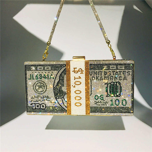 Luxury Diamond Crystal Money Stack Clutch Bag – Sparkly Evening Purse with Gold Chain Strap, Designer Novelty Handbag for Parties and Special Events