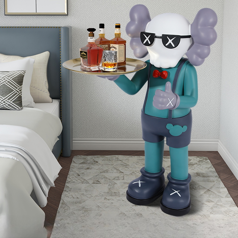 Cartoon Character Butler Tray Table Sculpture, Modern Pop Art Resin Standing Figurine Server with Round Gold Tray, Bedroom and Living Room Decor, Gemstone Green