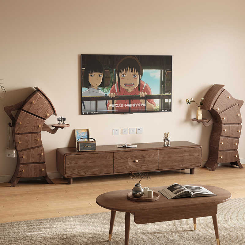 Robot-Inspired Wooden Storage Cabinet with Curved Design, 5-Drawer Floor-Standing Accent Chest with Display Shelf, Modern Living Room Furniture