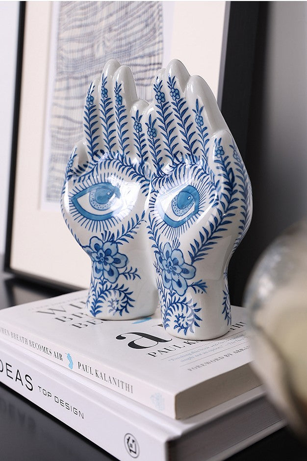 Blue and White Porcelain Hand Sculpture, Ceramic Eye Design Decorative Ornament, Traditional Asian Artistry Desk Accent with Gift Box