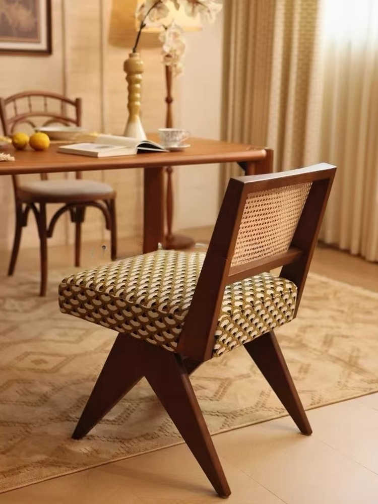 Mid-Century Rattan Back Solid Wood Accent Chair – Vintage Designer Single Dining & Study Chair for Home & Living Room