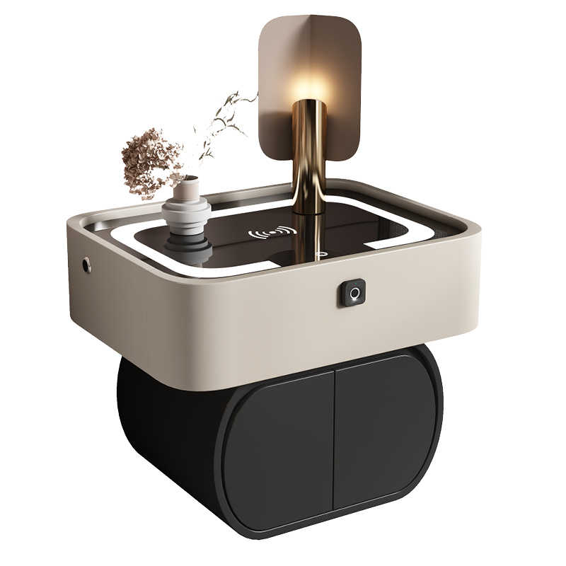 Ultra-Modern Smart Nightstand 2025 – Light Khaki Luxury Design with Biometric Security, Touch Lamp & Comprehensive Charging Station