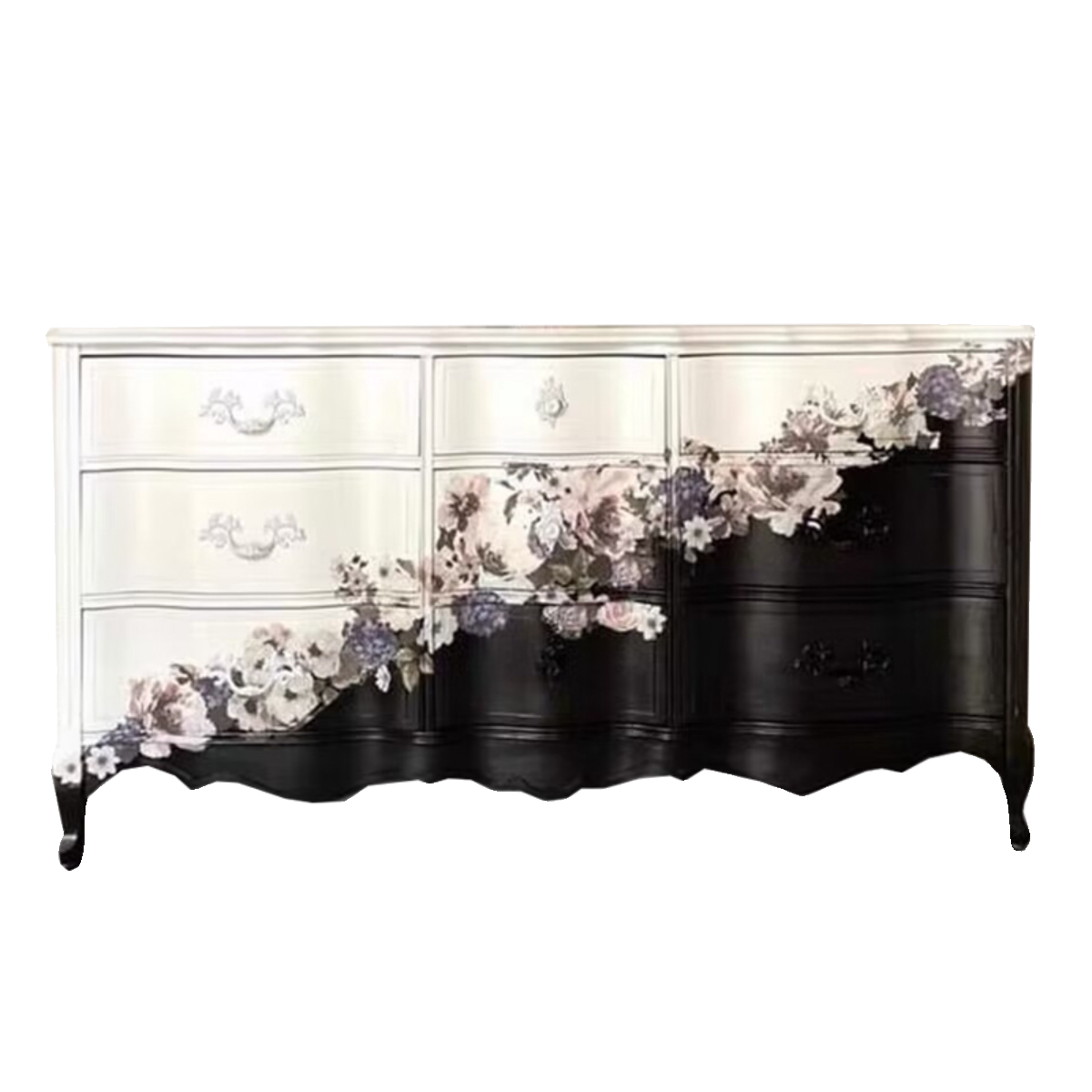 Vintage Floral Nine-Drawer Dresser – Artistic Carved Two-Tone Bedroom Chest, Hand-Painted Storage Cabinet