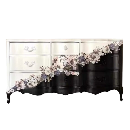 Vintage Floral Nine-Drawer Dresser – Artistic Carved Two-Tone Bedroom Chest, Hand-Painted Storage Cabinet