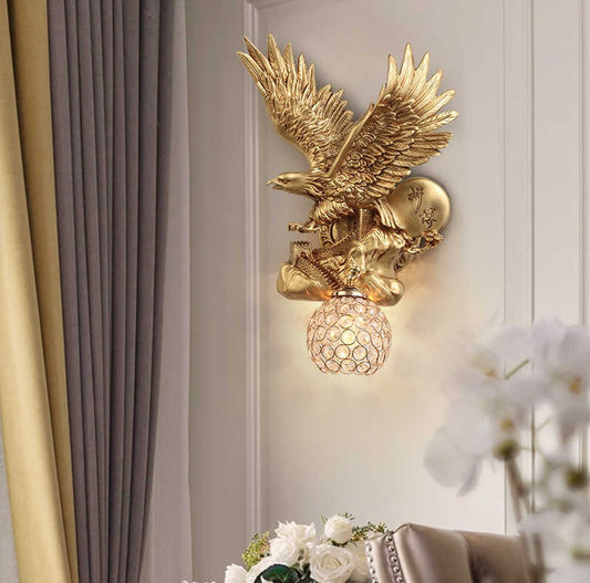 Golden Eagle Wall Sconce – Decorative Animal Lamp with Crystal Globe Shade for Living Room, Office, Staircase, Bar, or TV Feature Wall