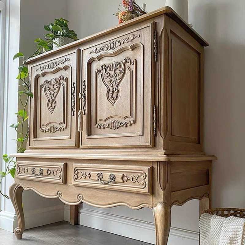 French Provincial Hand-Carved Hutch Cabinet with Curved Legs, Solid Wood Two-Door China Cabinet with Display Shelving, Custom Country Style Furniture