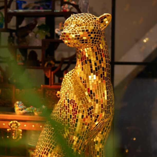 Premium Golden Mirror Mosaic Leopard Sculpture – Handcrafted Reflective Tile Art with Majestic Sitting Pose, Luxury Home Statement Piece
