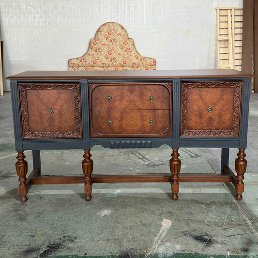 French Vintage Two-Tone Sideboard with Burl Wood Panels & Hand-Carved Details, American Style Solid Wood Storage Cabinet on Turned Legs