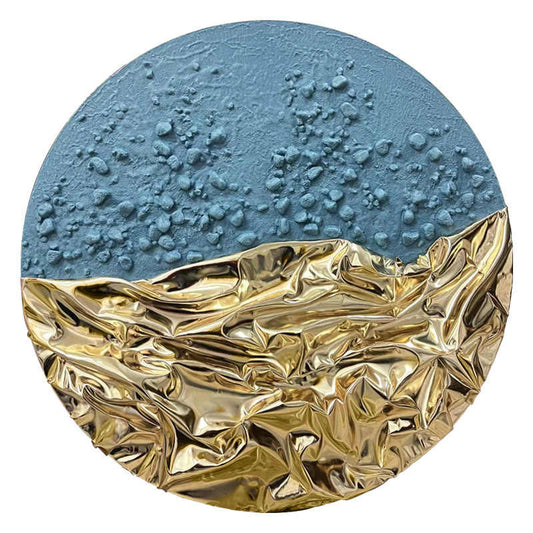 Modern Luxury Round 3D Leather Art Wall Panel, Abstract Handcrafted Texture Gold & Blue Decorative Painting, Frameless Living Room & Entryway Sculpture