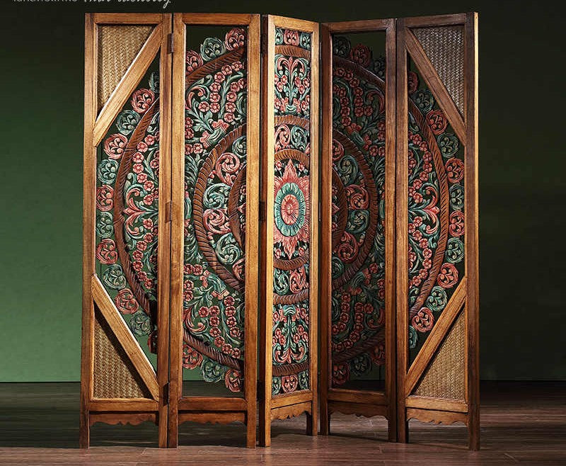 Thai Heritage Hand-Carved Wooden Room Divider Screen, Southeast Asian Floral Motif 5-Panel Folding Screen with Rattan Accents
