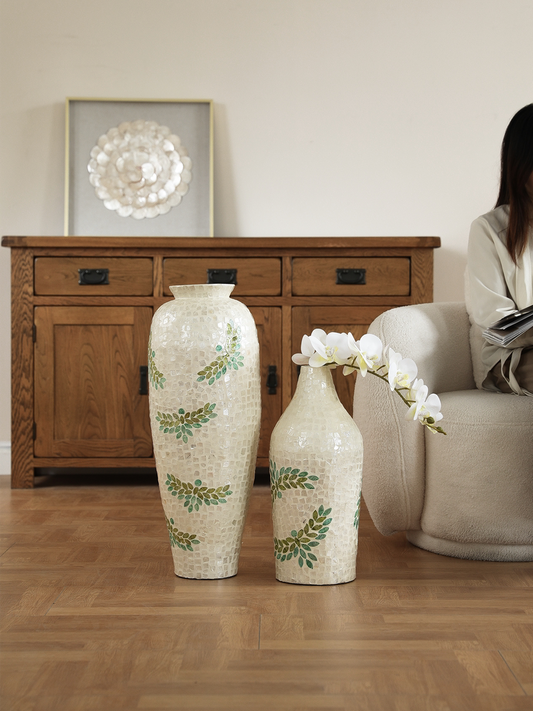 Cream-Style Floor Vase Set, Tall Decorative Mosaic Vases with Green Leaf Inlay for Living Room & Entryway Display