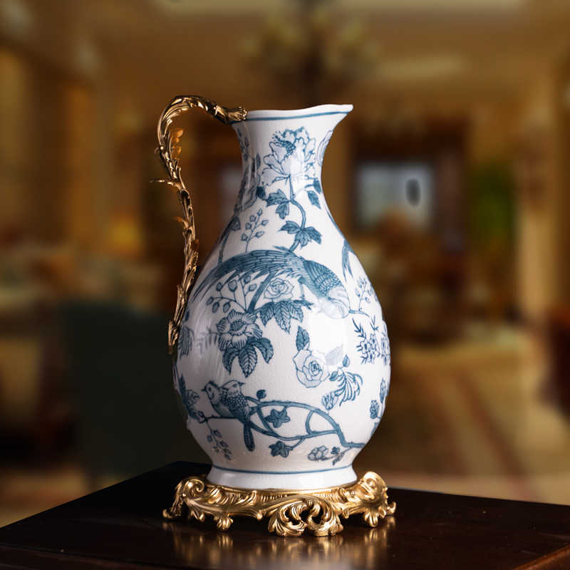 Elegant Blue Floral Porcelain Vase with Brass Base – Decorative Flower Holder for Living Room, Entryway, Tabletop
