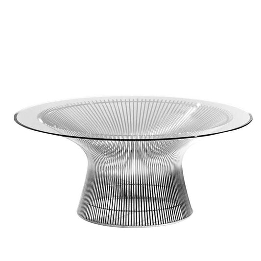 Modern Platner Style Round Coffee Table, Stainless Steel Wire Base with 8mm Tempered Glass Top, Contemporary Living Room Center Table