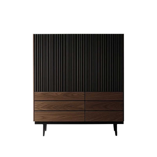 Nordic Walnut Wood Tall Storage Cabinet – Modern Fluted Black and Wood Accent Dresser, Contemporary Living Room Sideboard, Minimalist Bedroom Entryway Console