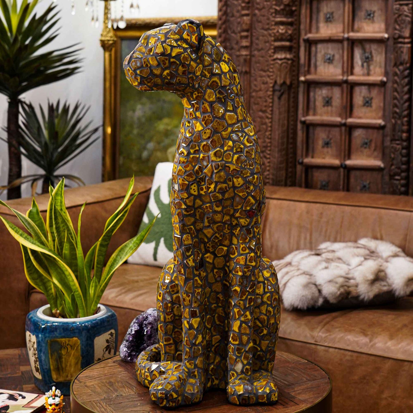 Premium Golden Leopard Print Mosaic Sculpture – Hand-Applied Ceramic Tile Art with Majestic Sitting Pose, Luxury Wildlife Statement Piece