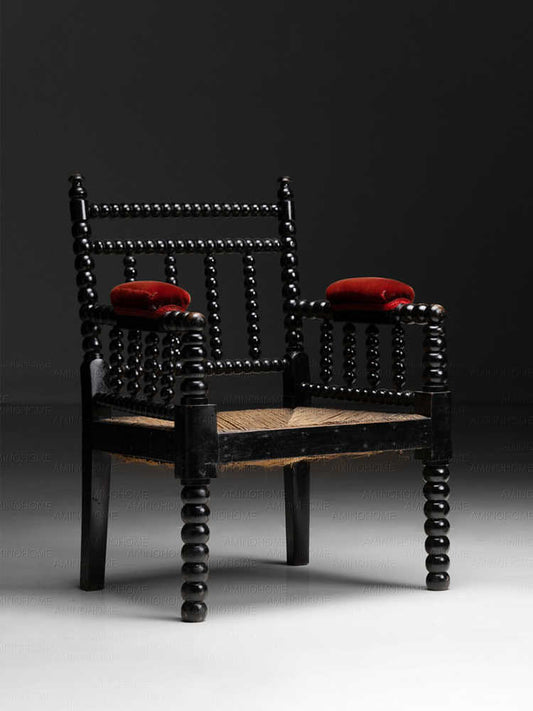 French Vintage Ebonized Bobbin Armchair with Rush Seat, Louis XVI Style Turned Spindle Chair with Red Velvet Cushions