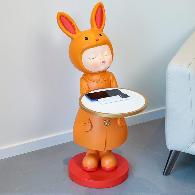 Rabbit Girl Standing Side Table | Cute Resin Animal Tray Accent for Living Room, Entryway, Sofa, and Bedroom Storage, Orange