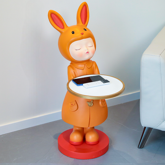 Rabbit Girl Standing Side Table | Cute Resin Animal Tray Accent for Living Room, Entryway, Sofa, and Bedroom Storage, Orange