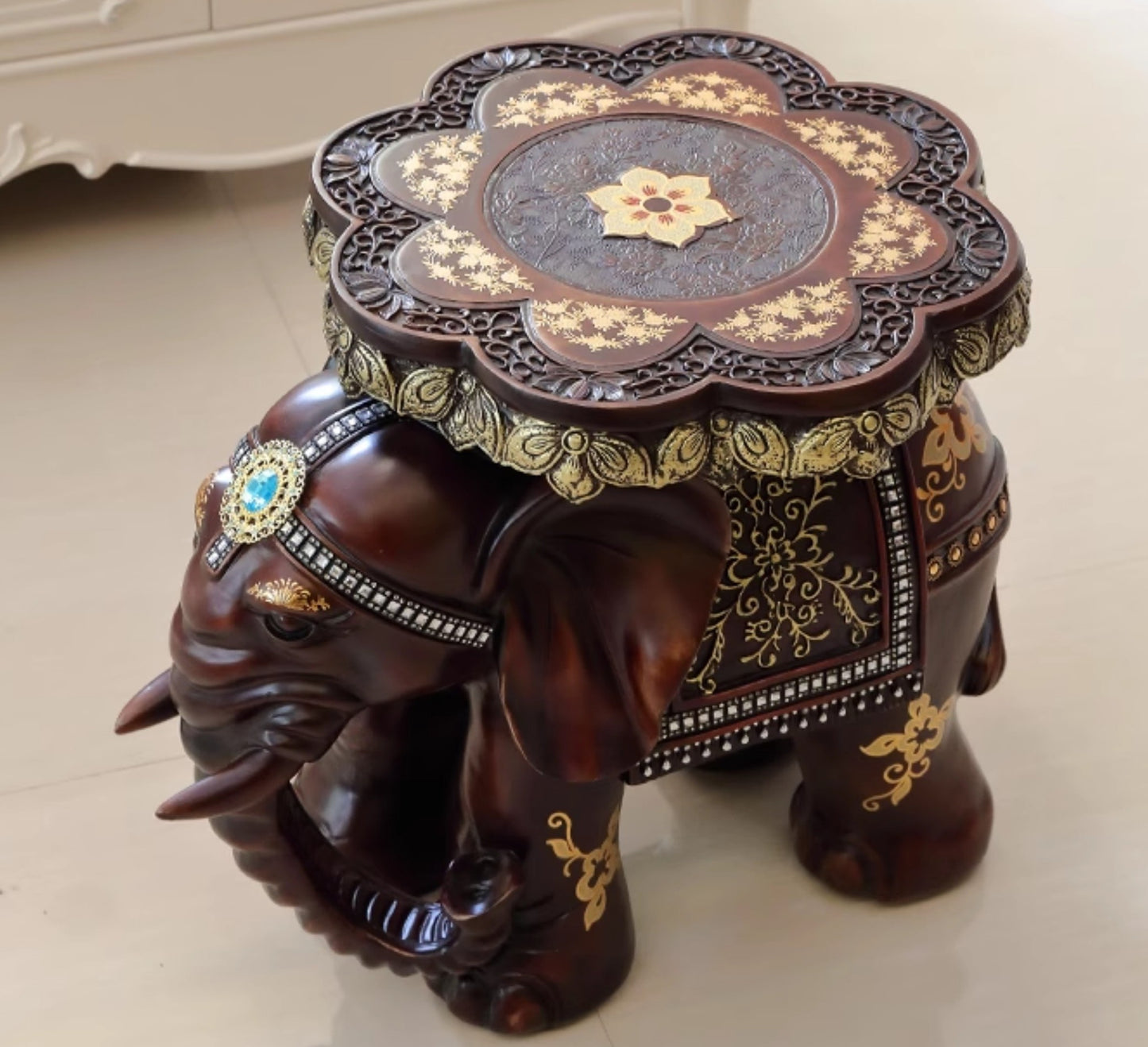 Creative Elephant Stools Set, European Style Shoe Changing Stools, Living Room Fortune Decorative Ornaments, Housewarming Gift - Wood-Grain Finish Set (Trunk Up + Trunk Down)