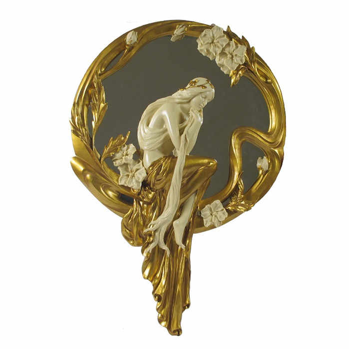 Art Nouveau Wall Mirror – Luxury Lady Figure Decor, Gold Resin Frame for Living Room, Bedroom, Premium Gift