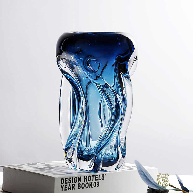 Luxury Blue Art Glass Vase, Modern Minimalist Home Decor, Sculptural Desktop Flower Vessel for Living Room & Entryway