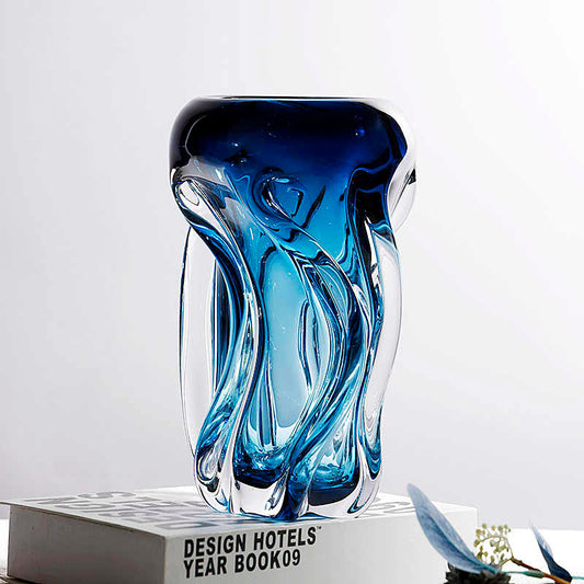 Luxury Blue Art Glass Vase, Modern Minimalist Home Decor, Sculptural Desktop Flower Vessel for Living Room & Entryway